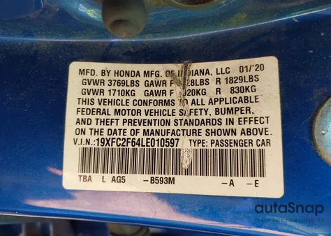2020 Honda Civic Lx from USA, damaged, VIN 19XFC2F64LE010597